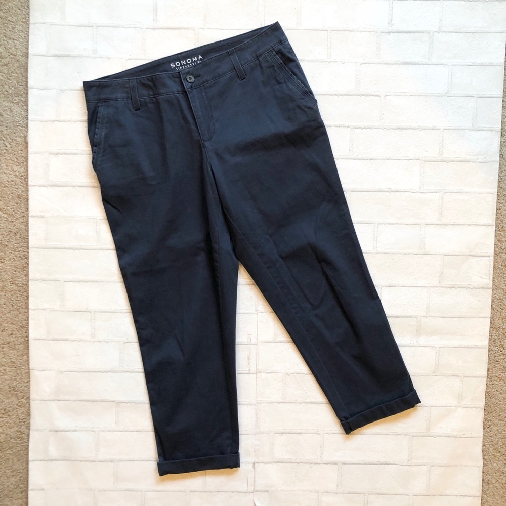 Sonoma Navy Chinos Modern Fit Flat Front cropped Trousers Size 12
